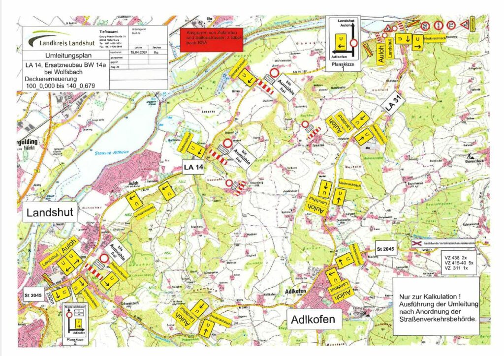 Straßensperrung LA14 (Niederaichbach - Landshut) - Verlängerung bis 24.11.2024 1 Straßensperrung LA14 in 2024